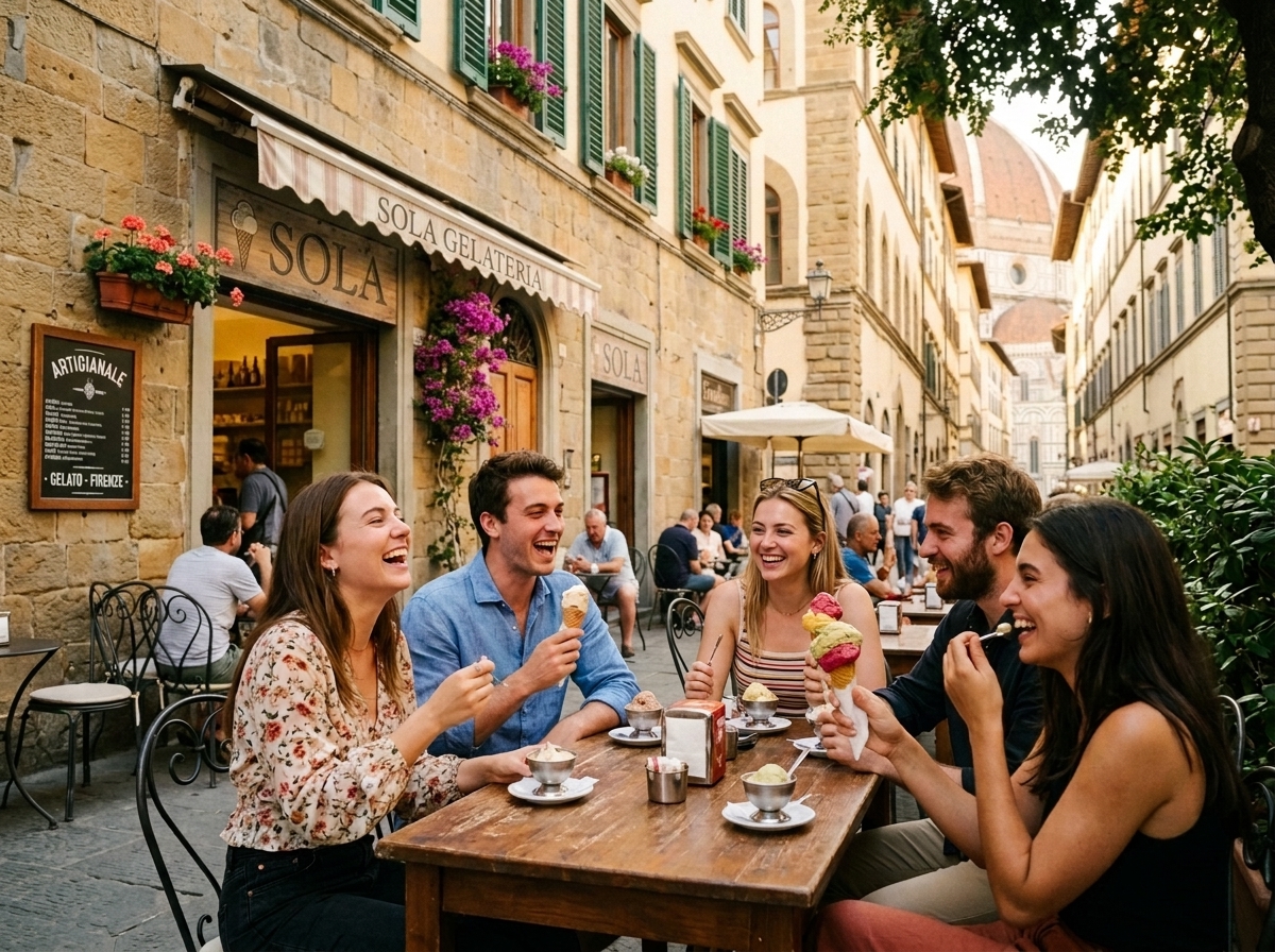 Guests sharing gelato at outdoor bistro tables in Florence