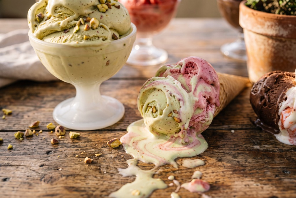 Artisanal pistachio gelato, melting strawberry cone, and dark chocolate scoop on a wooden table