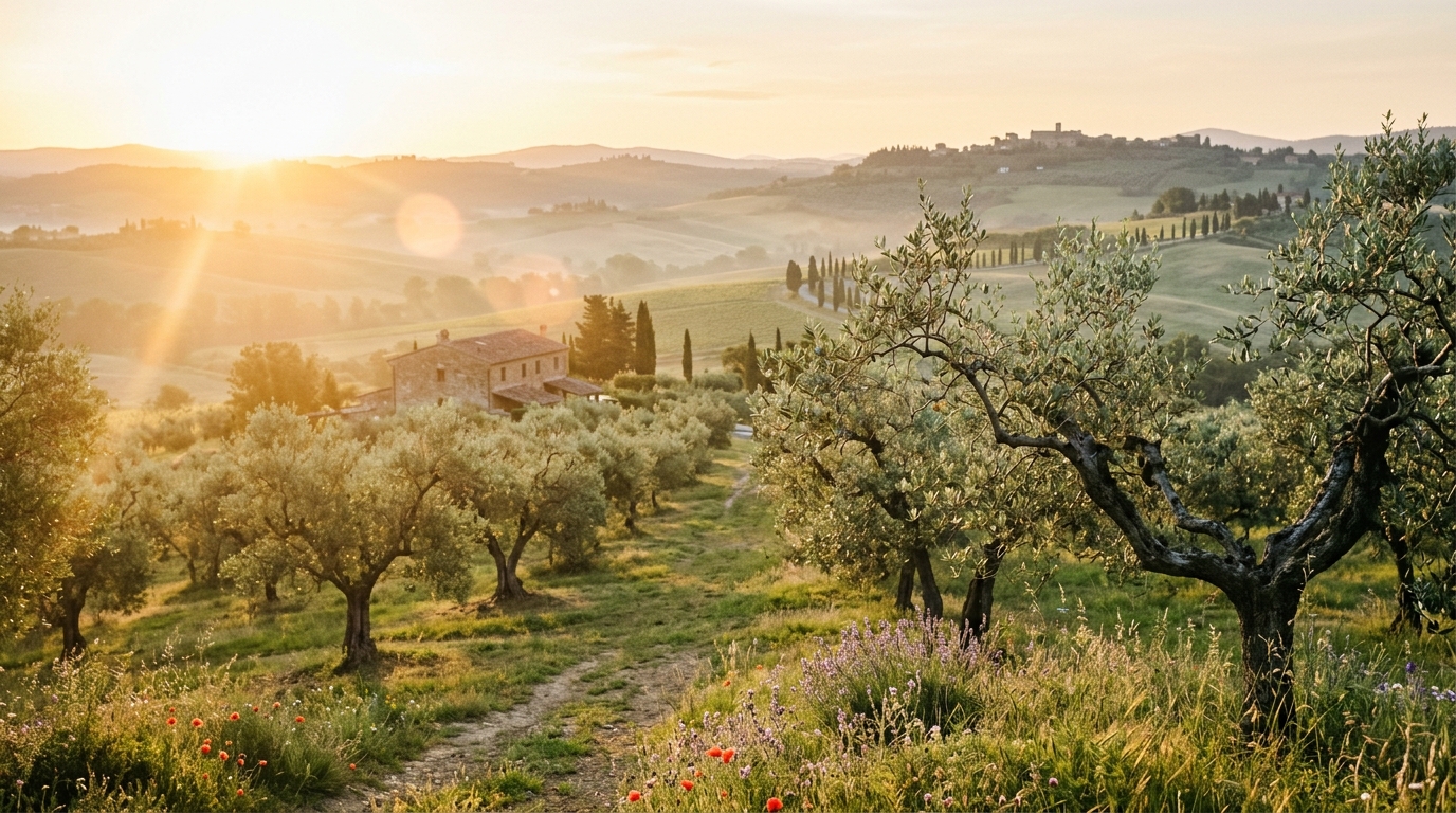 Sunlit Tuscan countryside orchard and olive trees