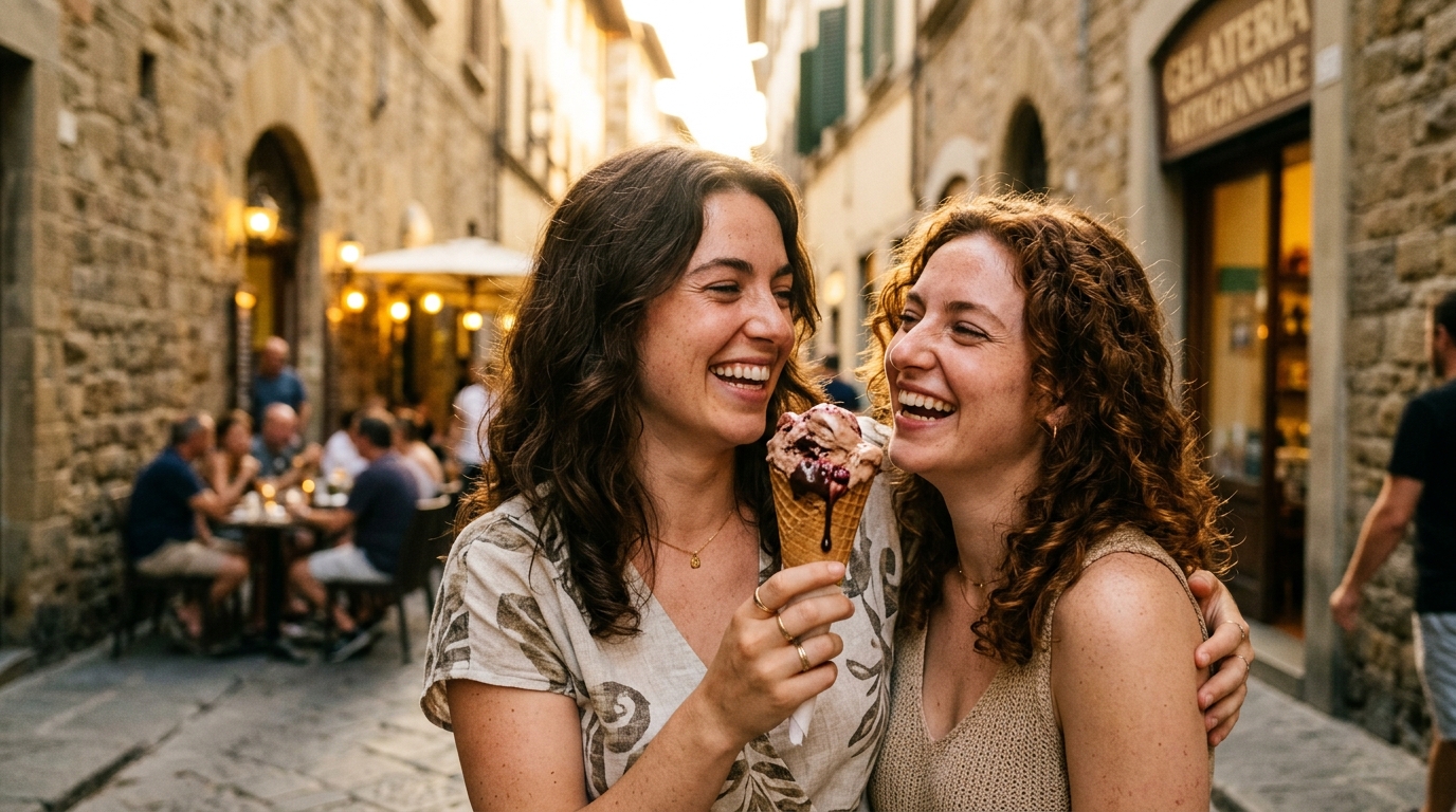 Friends sharing a melting dark chocolate gelato cone in Florence
