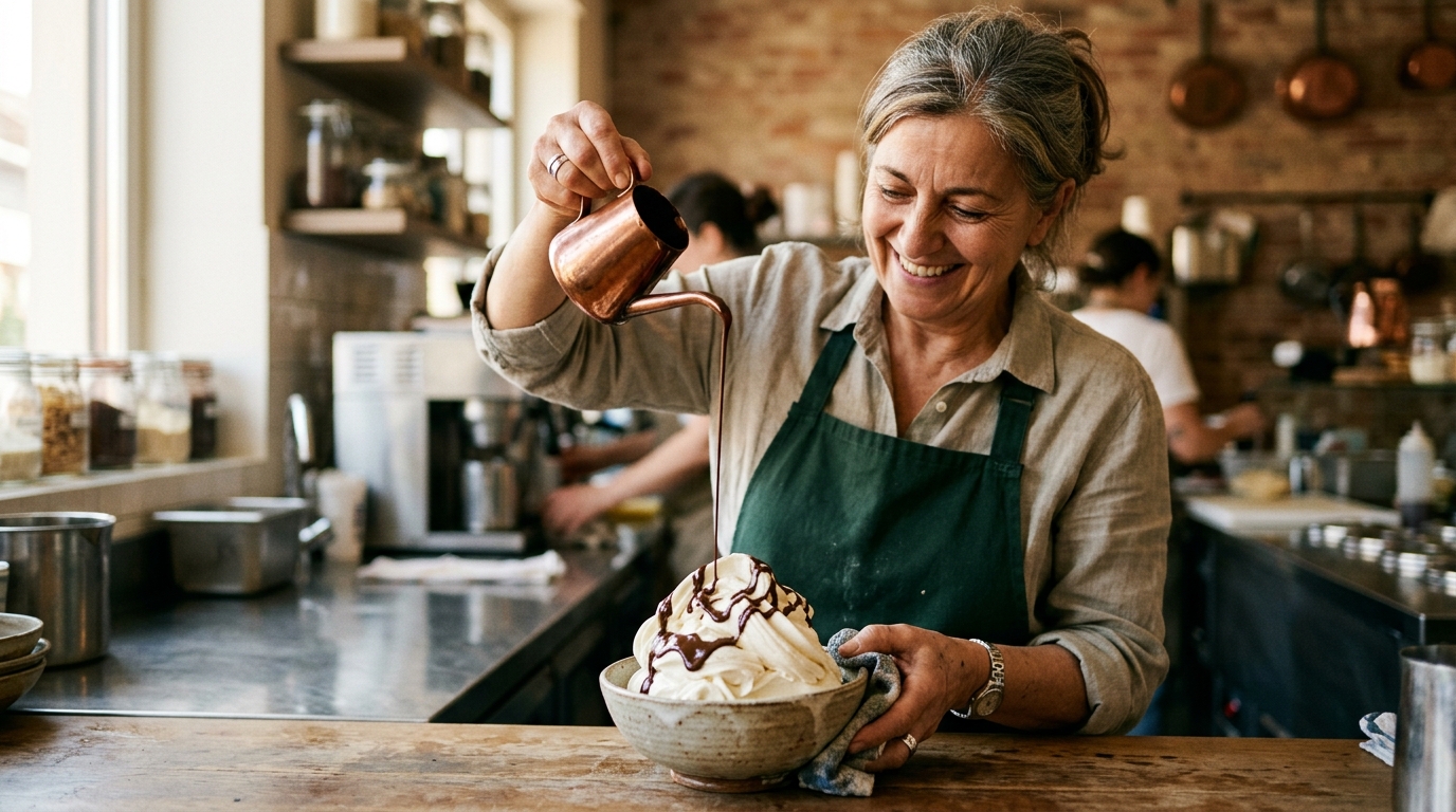 Artisan drizzling warm dark chocolate over fresh fior di latte gelato