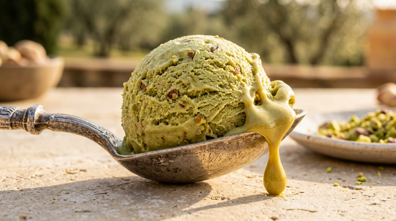 Sunlit scoop of Bronte pistachio gelato melting on a vintage spoon