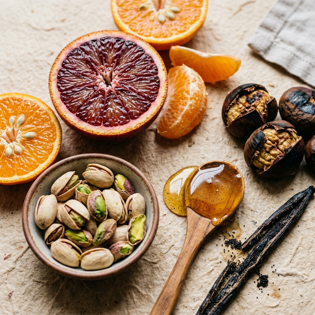 Fresh seasonal ingredients arranged on warm paper