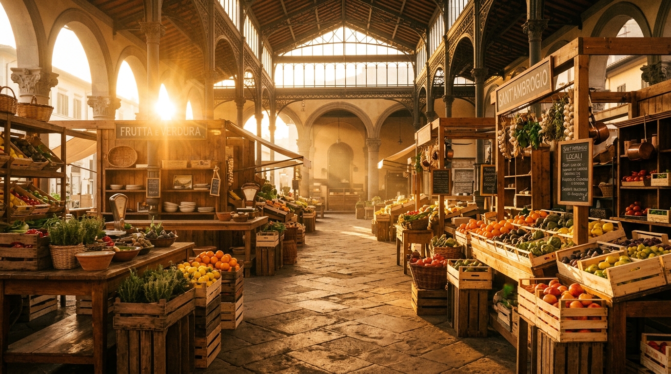 Atmospheric morning market in Florence with fresh Tuscan fruits
