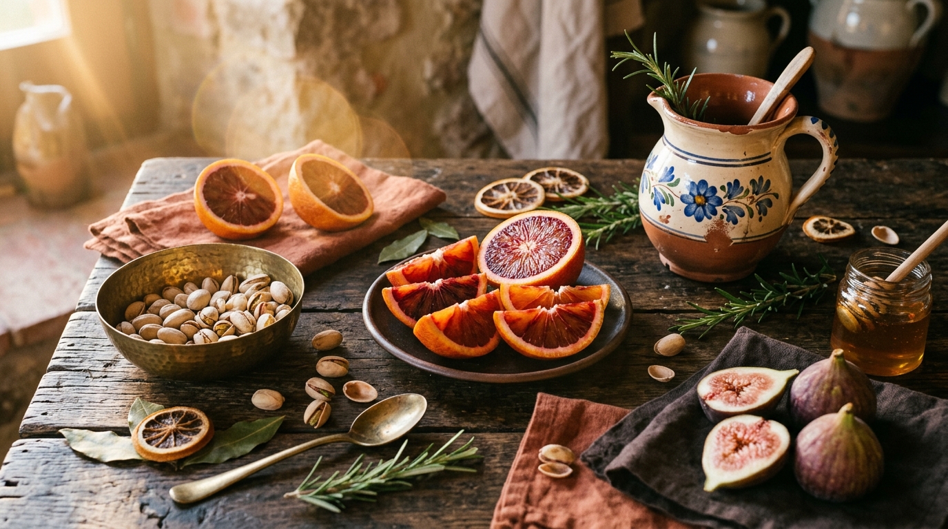 Rustic Tuscan raw ingredients flatlay
