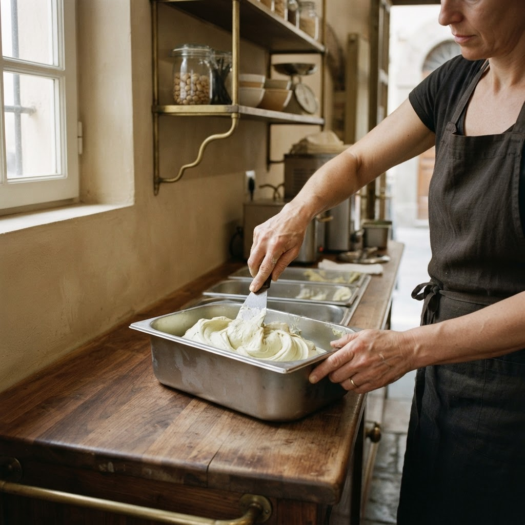 Gelato being folded by hand in the Sola studio