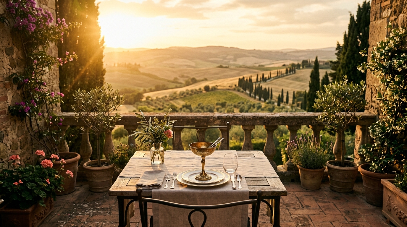 Boutique Italian hotel dining terrace overlooking Tuscan countryside at golden hour